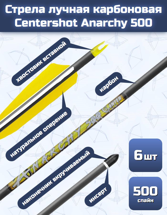 Стрела лучная карбоновая Centershot Anarchy 500 (натуральное оперение) 6 шт.