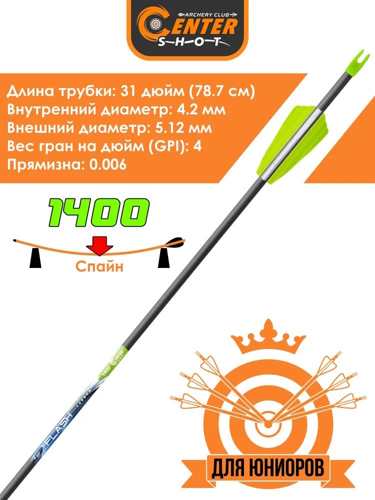 Стрела лучная карбоновая спортивная Centershot Flash 1400 оперение Shield 2" (6 шт) — изображение 5